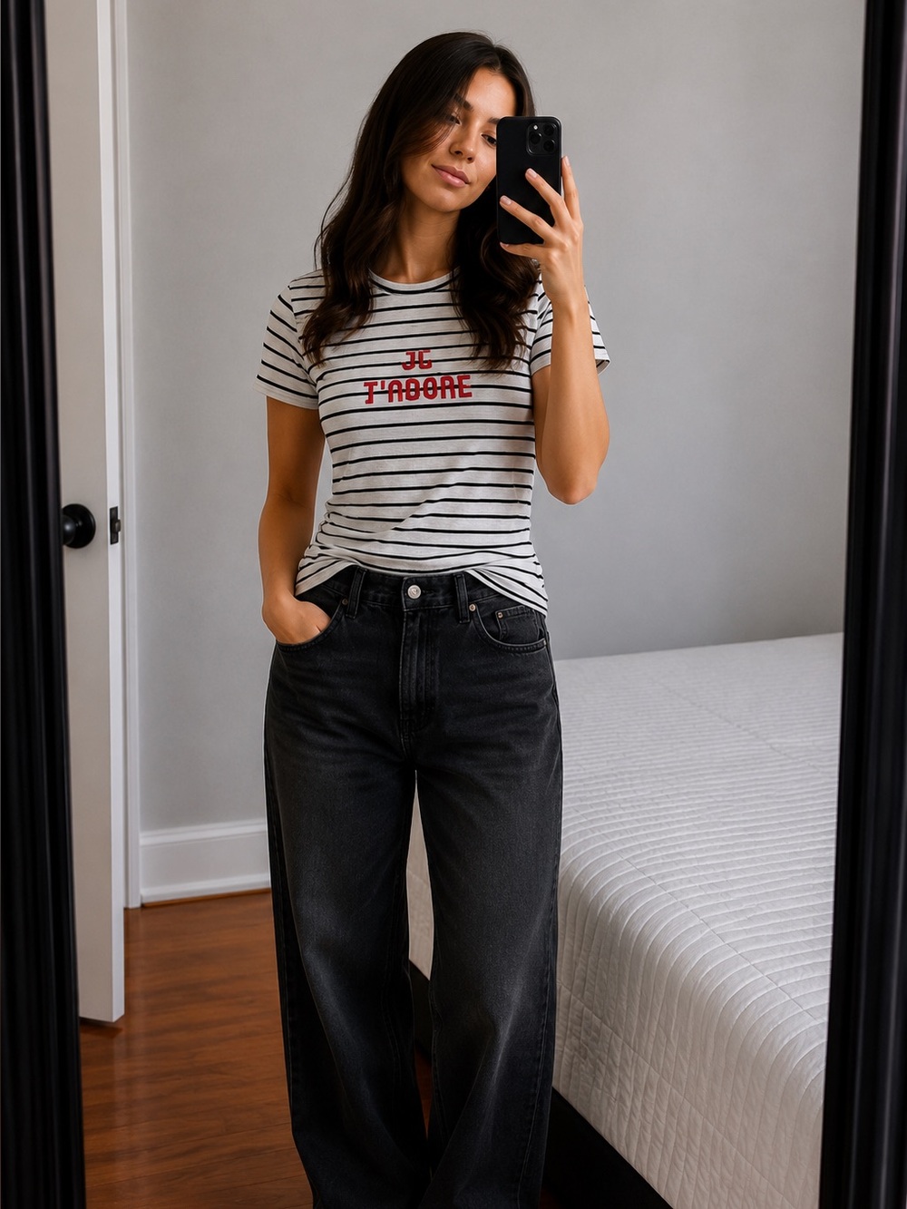 BANANA REPUBLIC Striped T-Shirt with Red 'JE T'ADORE' Print - Size XS